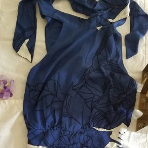 Long blue floral dress.